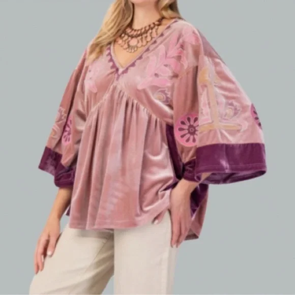 NEW EMBO DETAILING VELVET BABYDOLL BOHO RELAXED SILHOUETTE BLOUSE - Picture 5 of 7